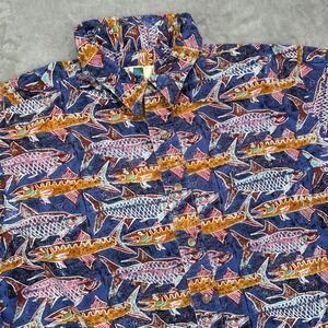 Kahala Button Down Shirt Mens XL Blue Multi Color Fish Print Short Sleeve Pocket